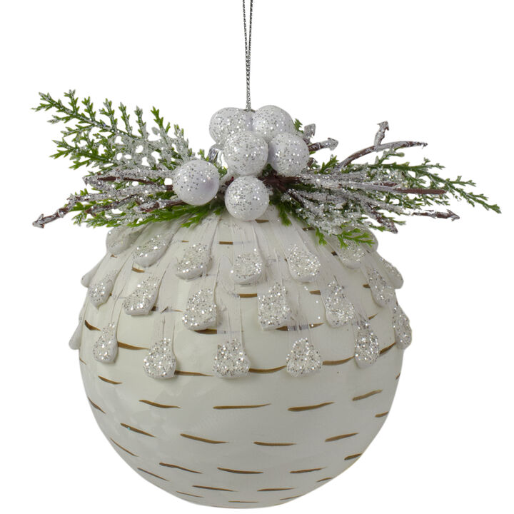 4-Inch Cedar and Berries White Glass Christmas Ornament