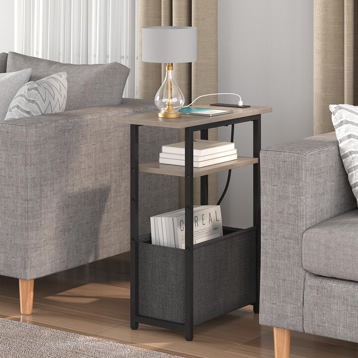 sthmec Narrow Side Table with Charging Station, Small End Table for Small Spaces, Skinny Nightstands with Storage Basket, 3 Tier