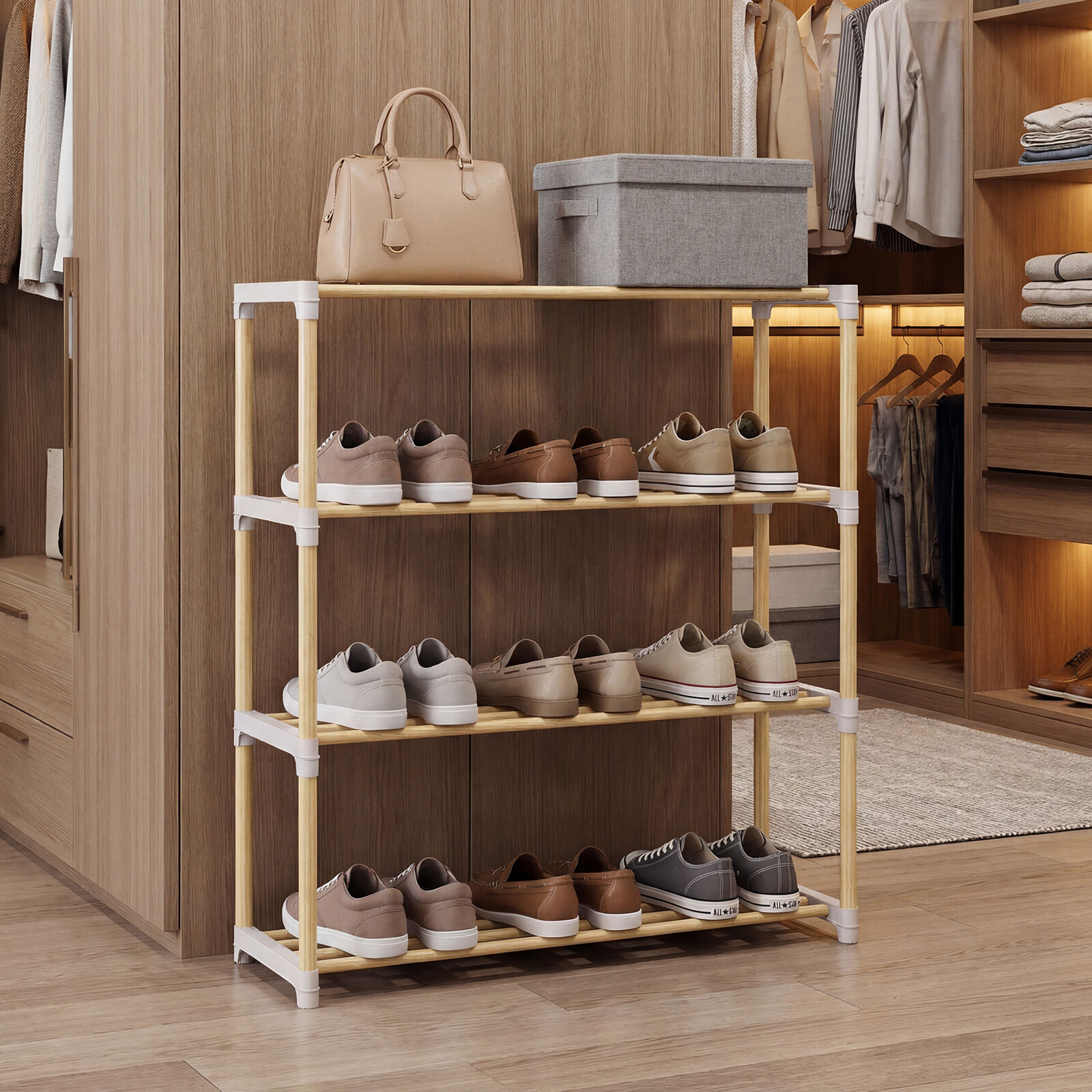 4-Tier Wooden Shoe Storage Rack with Slatted Open Shelves-Natural
