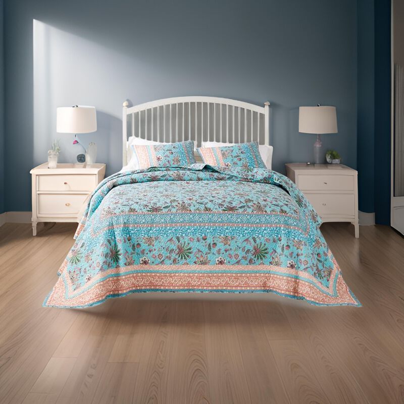 Dill 3pc Queen Bedspread Set, Bohemian Turquoise Floral Microfiber Cotton - Benzara