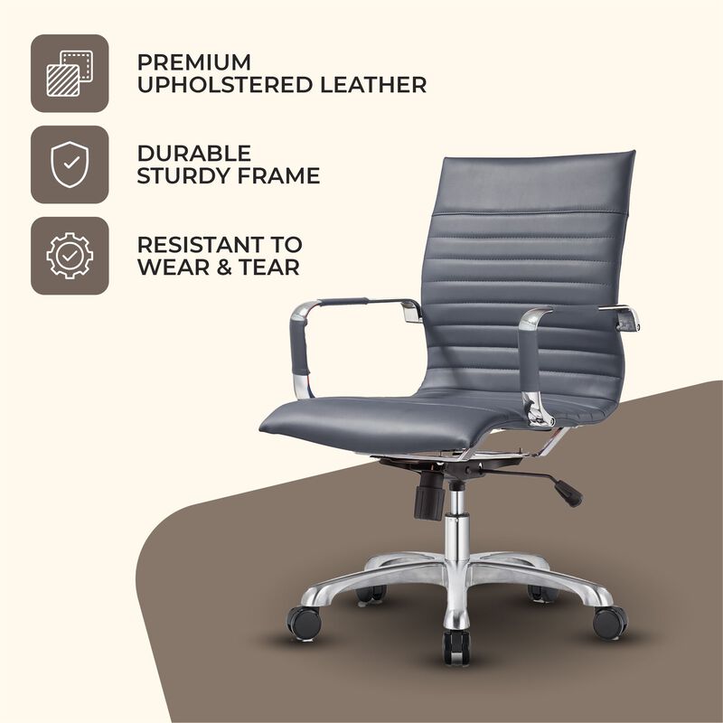 LeisureMod Harris Ergonomic Office Chair, Leather Upholstery with Adjustable Height, Lumbar Support, Swivel and Chrome Base for Home or Office