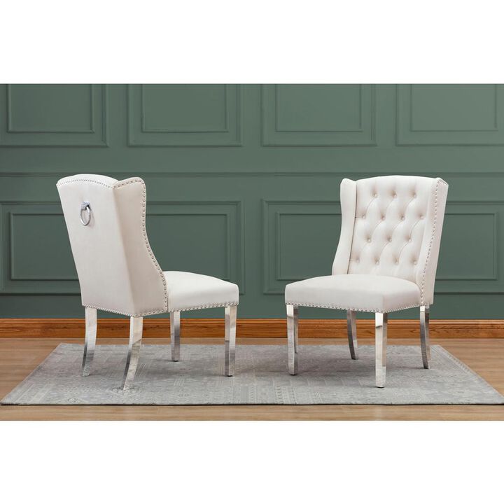 Set of 2 Cream Velvet Tufted Side Chairs with Silver Legs and Back Ring