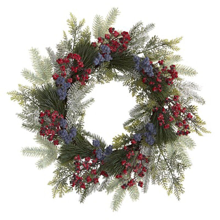 Nearly Natural 24-in Pine and Cedar Artificial Wreath with Berries