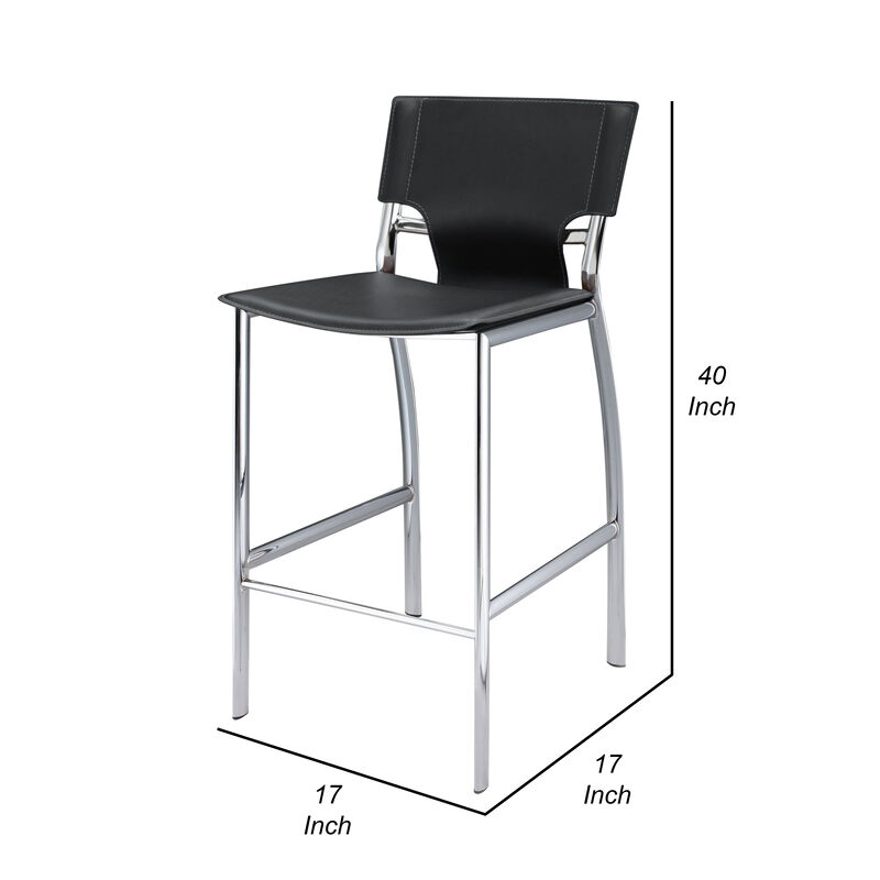 Jan 29 Inch Barstool Chair, Cushioned, Set of 2, Gray Faux Leather, Chrome Metal - Benzara