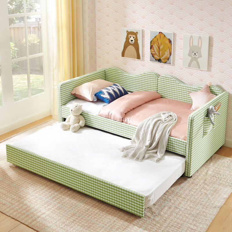 Merax Gingham Daybed with Trundle & Guardrails &ndash; Solid Wood Frame, Side Storage Pocket image number 2