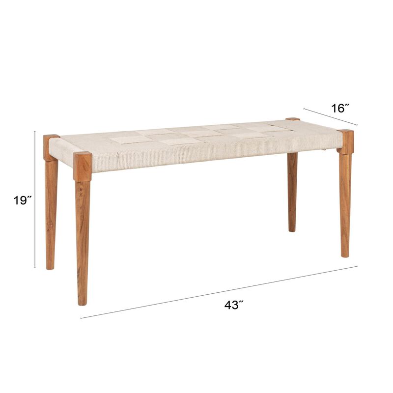 Handwoven Cotton Cord and Acacia Wood Bench with Tapered Legs, Natural image number 2