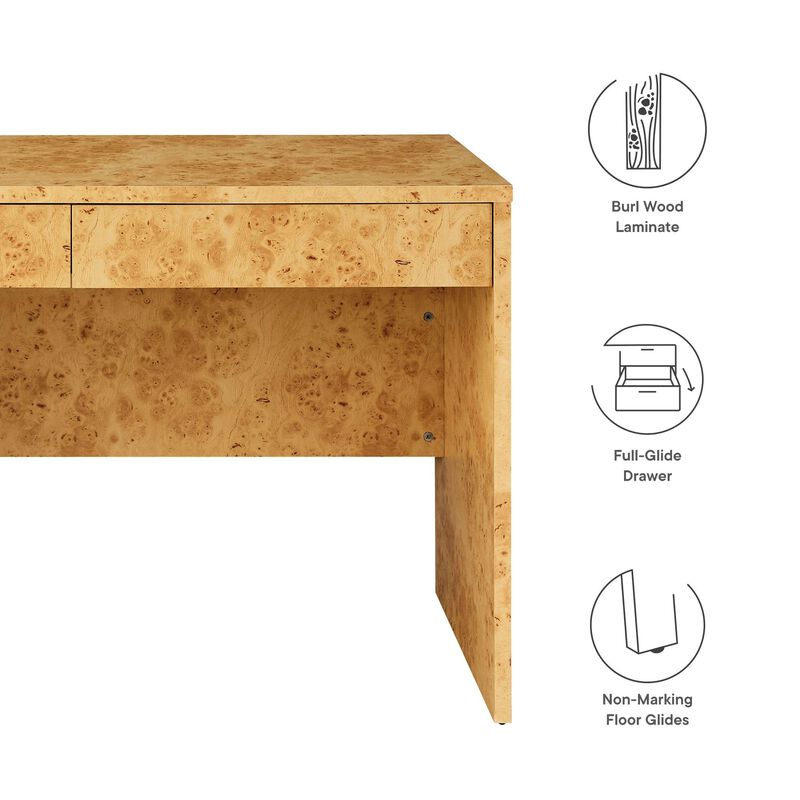 Modway Hudson Burl Wood Desk with Drawers in Natural - Modern Writing Desk - Narrow Home Office Desk - Vanity Table Without Mirror image number 3