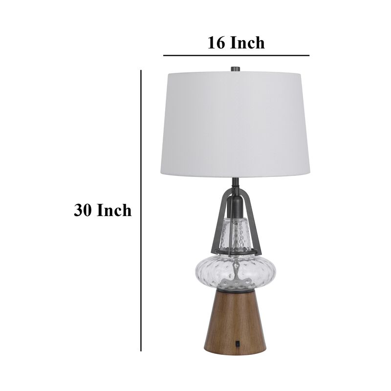 Leya 30 Inch Table Lamp, Lantern Style Glass Base, White Fabric Shade - Benzara