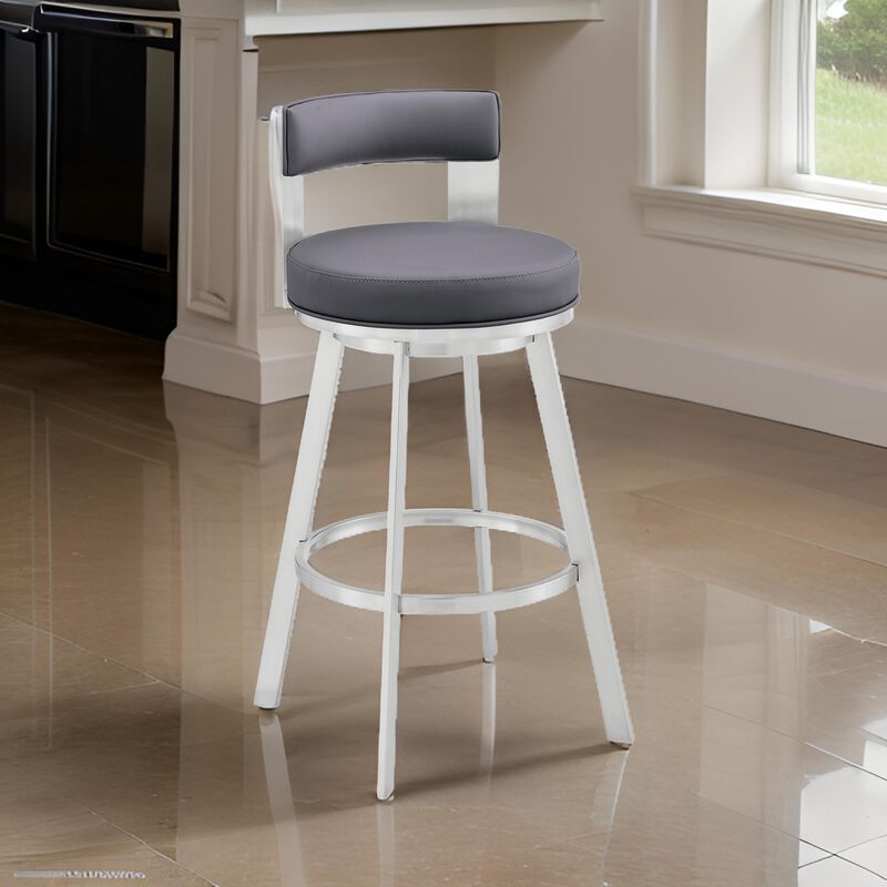 Ami 30 Inch Swivel Barstool Chair, Gray Faux Leather Open Back, Silver Base - Benzara
