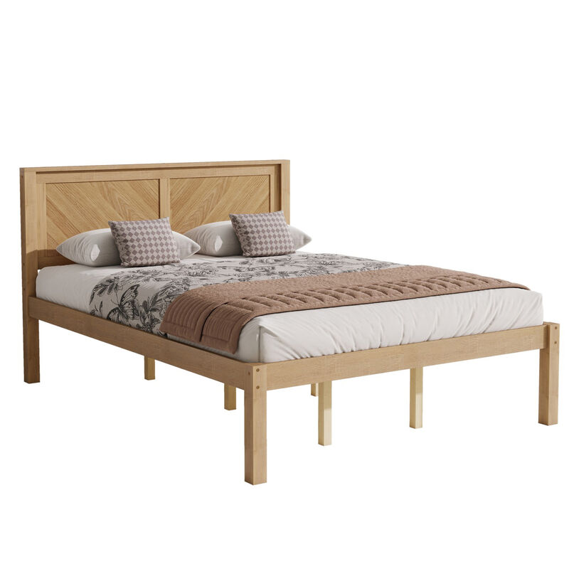 Queen Solid Wood Platform Bed with Herringbone Headboard, Natural Oak Finish, Farmhouse image number 4