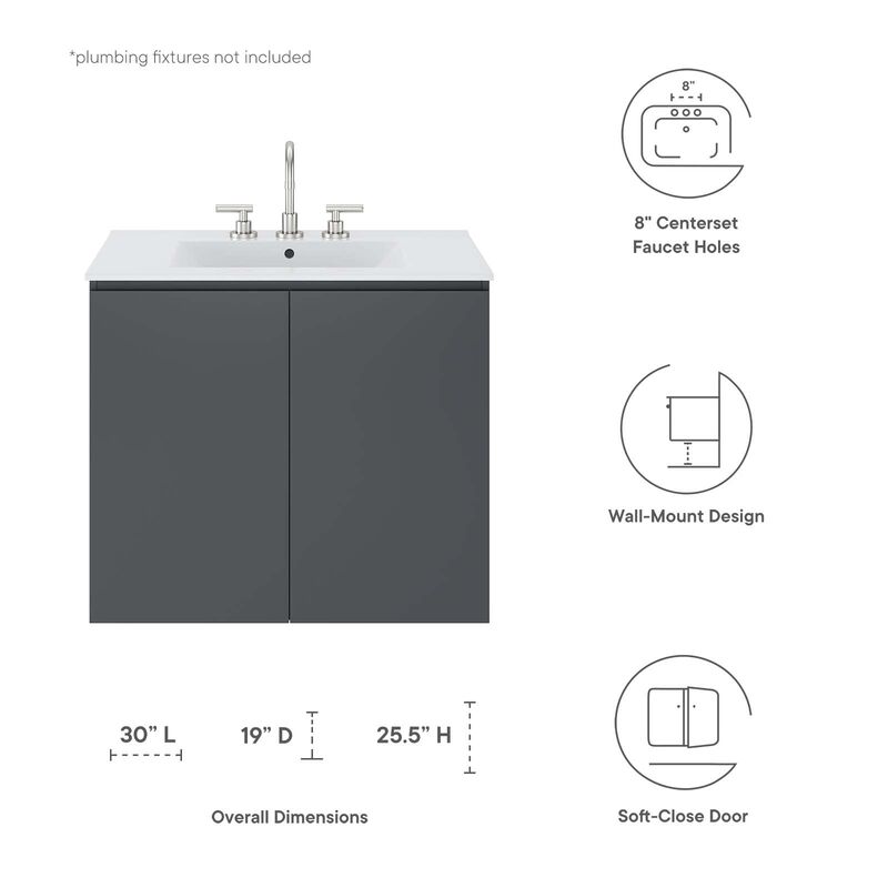 Modway Bryn 30" Modern Wood/Ceramic Wall-Mount Bathroom Vanity in Gray/White image number 7