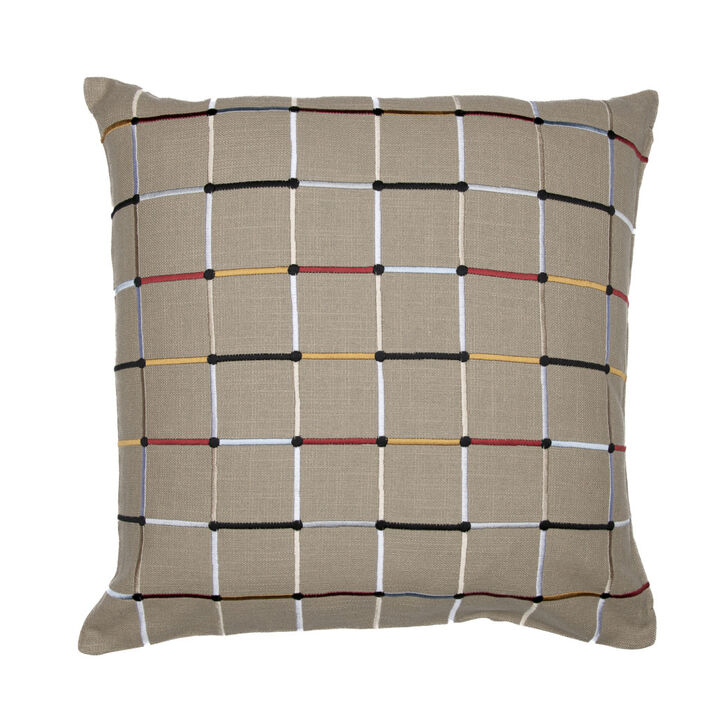 HomeRoots 24" Beige Check Cotton Blend Throw Pillow With Embroidery