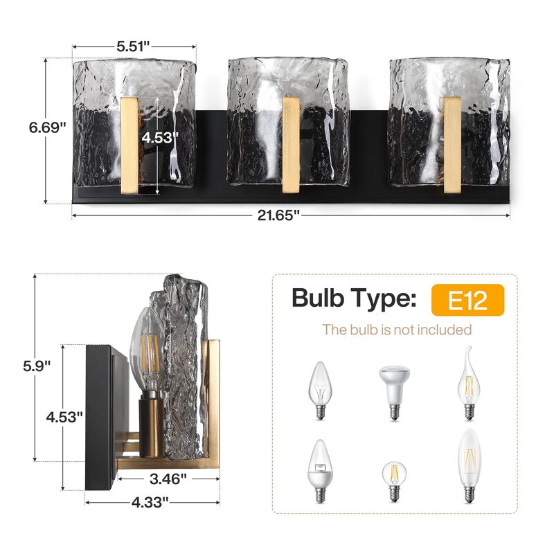 Brass Bathroom Vanity Light, Three-Light Smoky Gray Ripple Glass image number 2