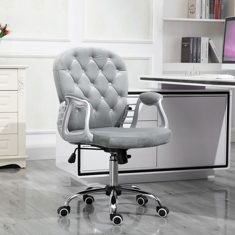 Vinsetto Velvet Home Office Chair, Button Tufted Desk Chair with Padded Armrests, Adjustable Height and Swivel Wheels, Gray