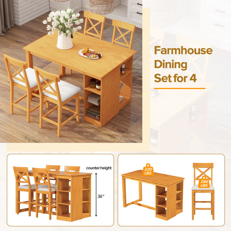 Merax Solid Wood Farmhouse Counter Height Dining Table Set with 3-Tier Storage Shelves