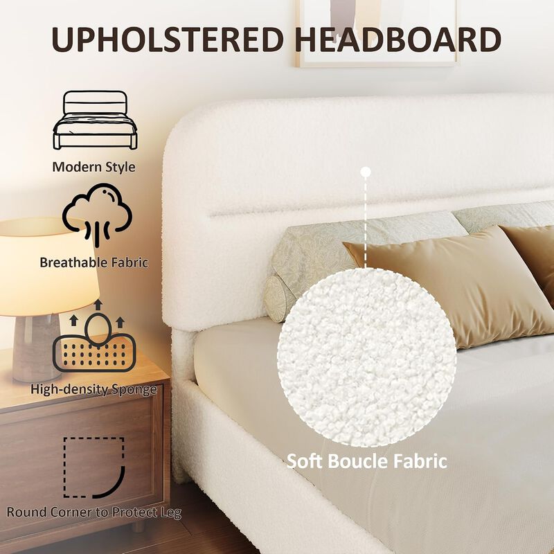 Vipbear Upholstered Boucle Platform Bed Frame with Adjustable Wide Headboard, Wooden Slats, White image number 3