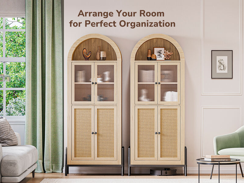 BELLEZE 65 Inch Storage Cabinet, Freestanding Arched Bookshelf for Living Room, Curio Cabinet with Reeded Glass Door, Storage and Organizer Cabinet with Adjustable Shelves for Kitchen - White Lotus