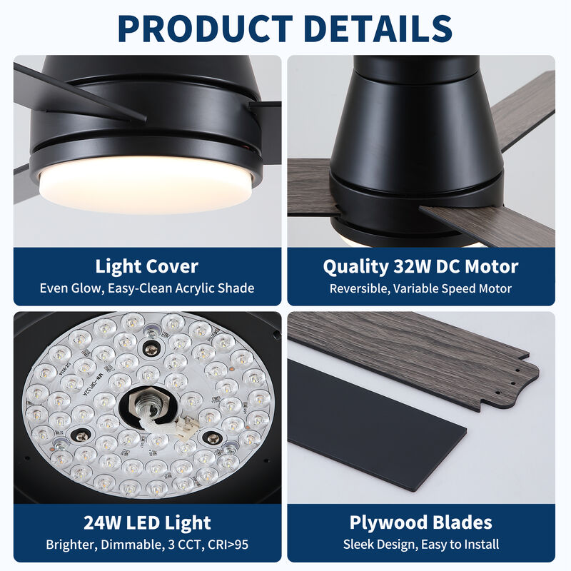 48 Inch Low Profile Ceiling Fan with Light - Matte Black DC Motor Ceiling Fan with Remote image number 4