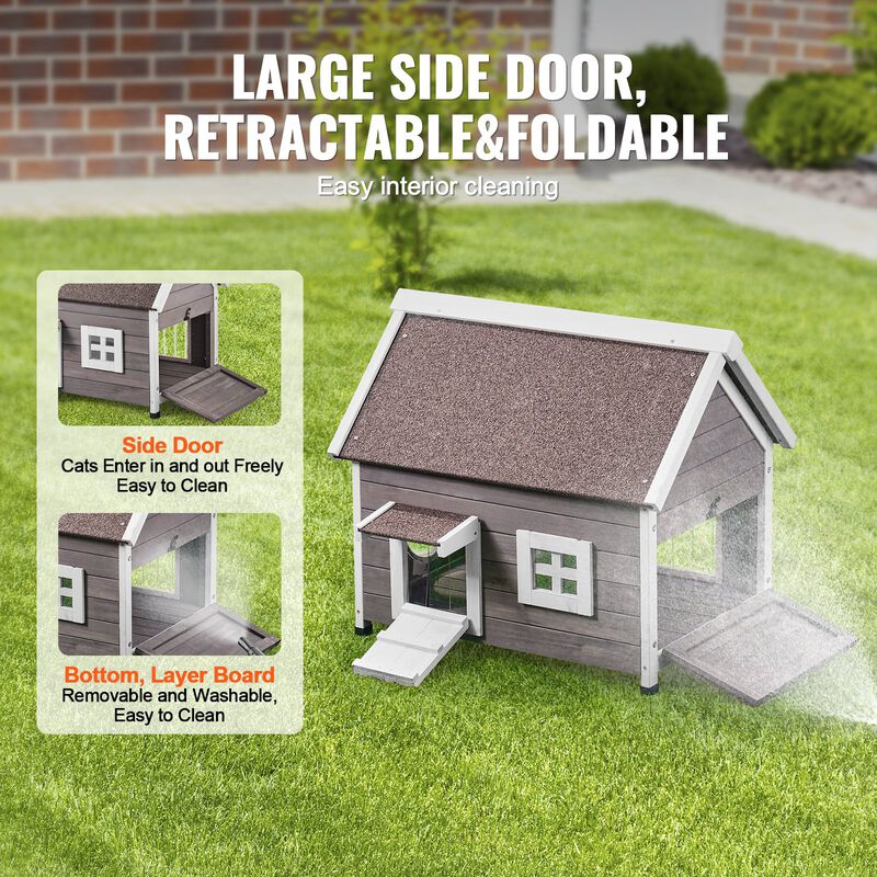 Outdoor Cat House Wooden Feral Cat Shelter with Roof Door Flaps & Window