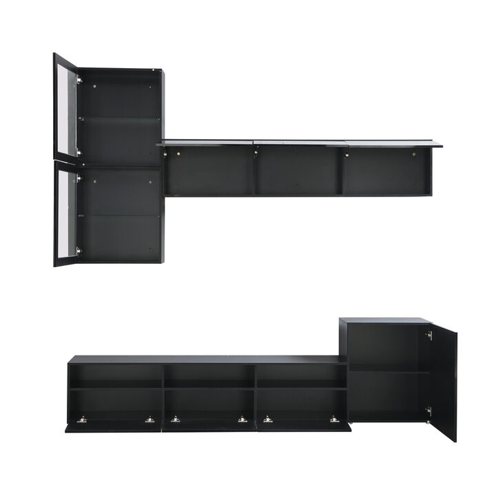 High Gloss TV Stand with Ample Storage Space, Media Console for TVs Up to 75", Versatile Entertainment Center with Wall Mounted Floating Storage Cabinets for Living Room, Black
