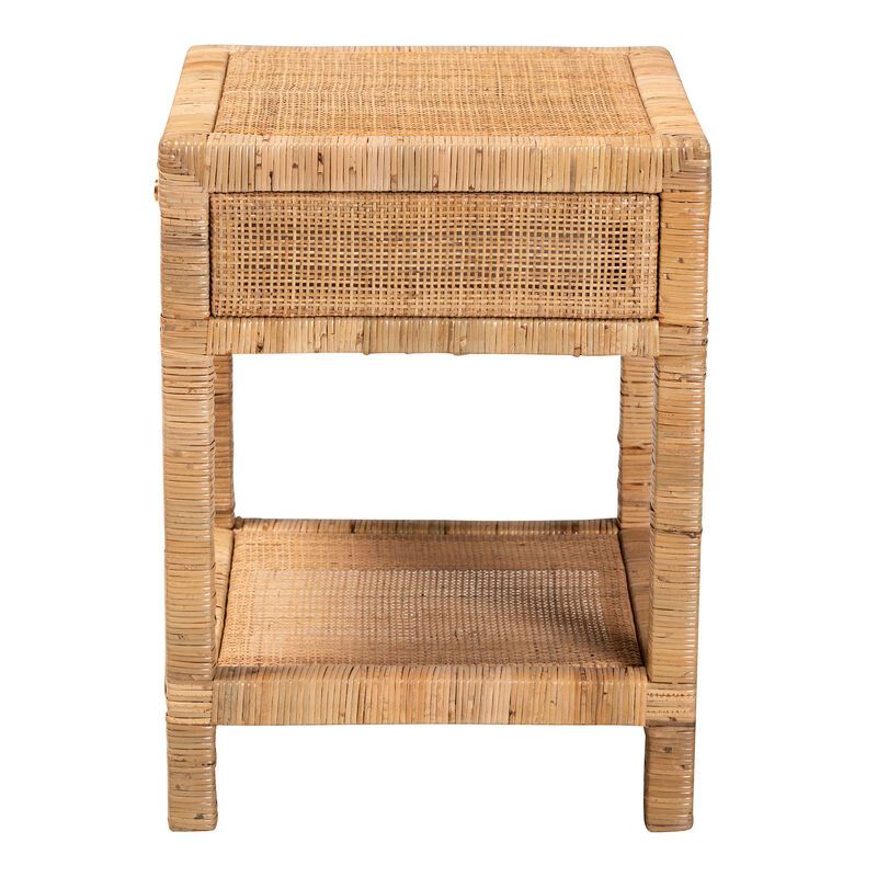 Baxton Studio Adelia Modern Bohemian Natural Rattan and Mahogany Wood 1 Drawer Nightstand