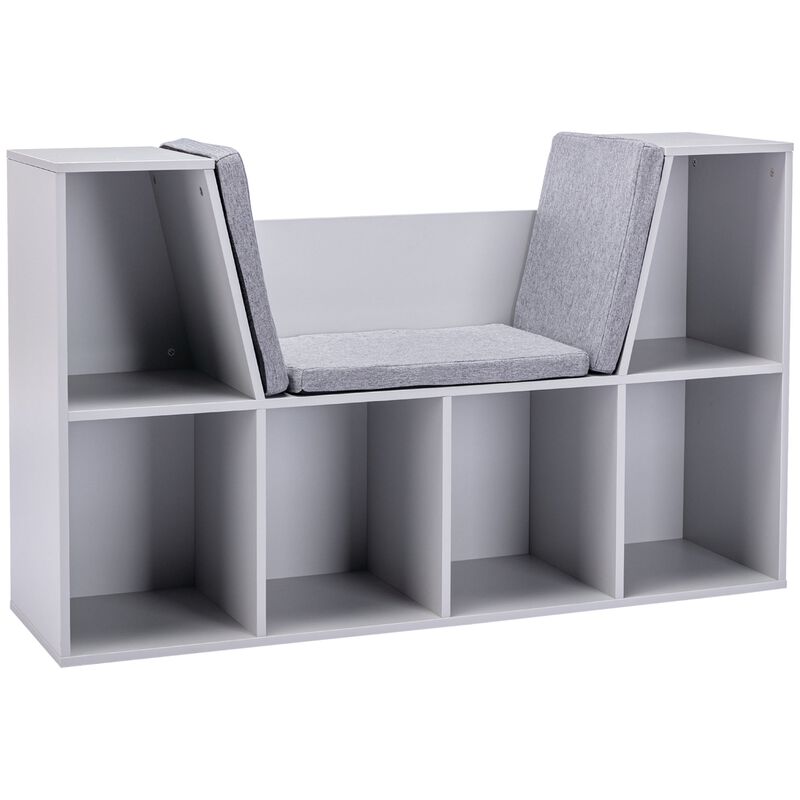 6-Cubby Kids Bookcase, Reading Nook Organizer with Seat Cushion, Toddler Storage Cabinet Shelf for Playroom Bedroom Grey, 40.5" x 12" x 23.5"