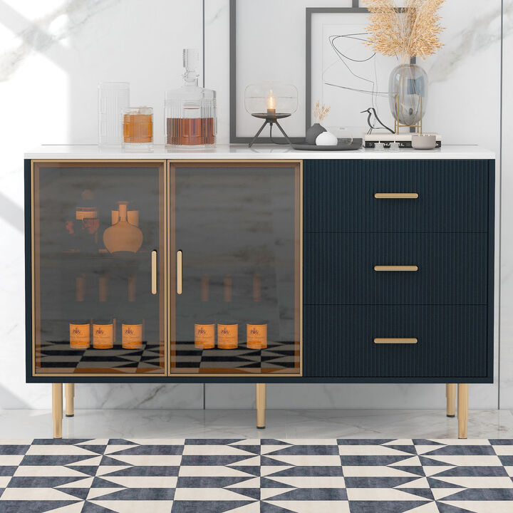 Whisen Modern Sideboard Marble Sticker Tabletop with Gold Metal Legs and Handles - Navy Blue