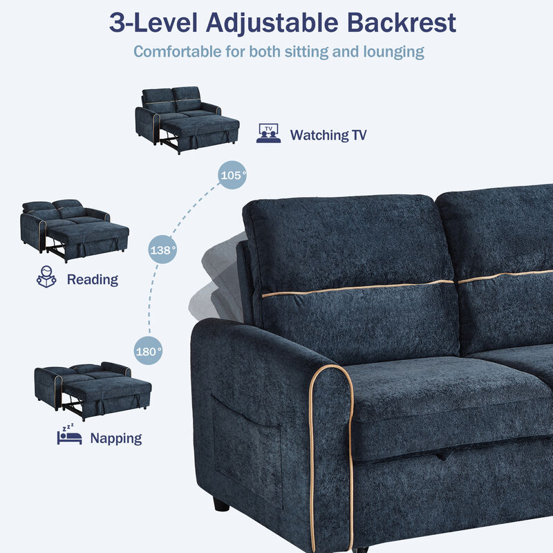 Merax Chenille Convertible Sofa Bed 3Level Adjustable Backrest with USB Ports & Storage Pockets