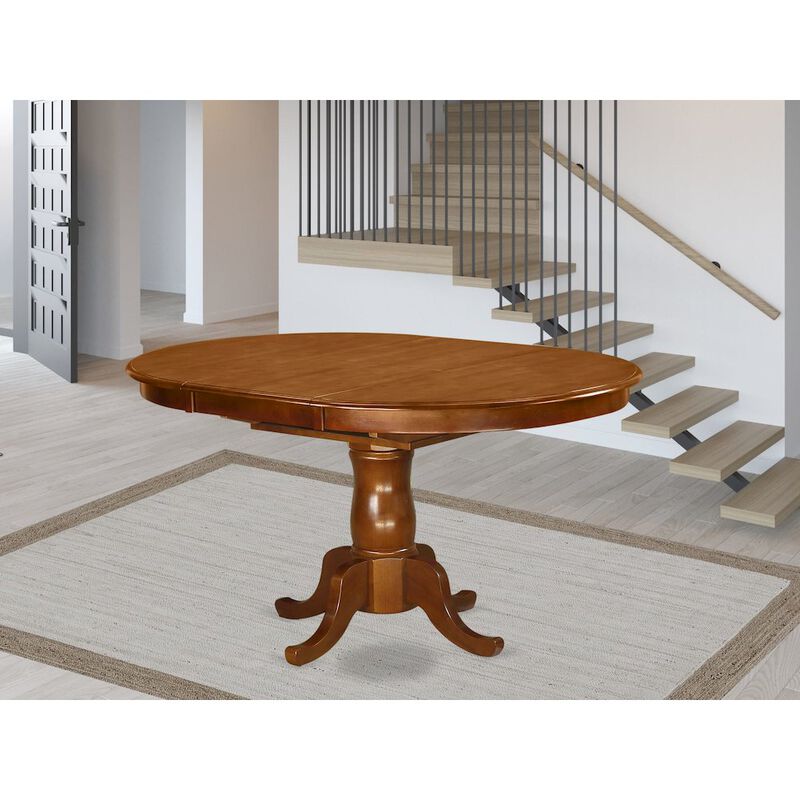 Portland Single Pedestal Oval Dining table with 18" extension butterfly leaf in Saddle Brown Finish