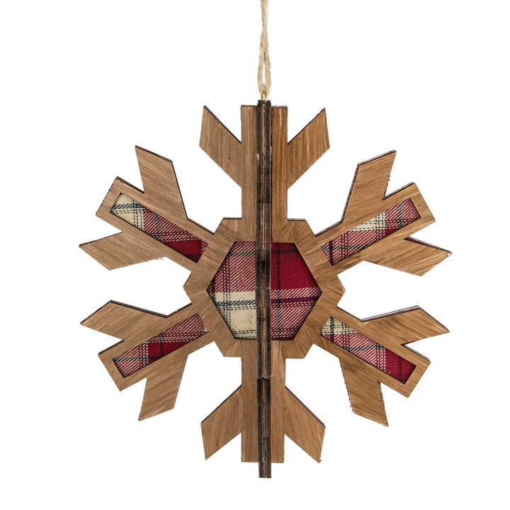 7" 3-D Faux Wood and Red Plaid Starburst Snowflake Christmas Ornament