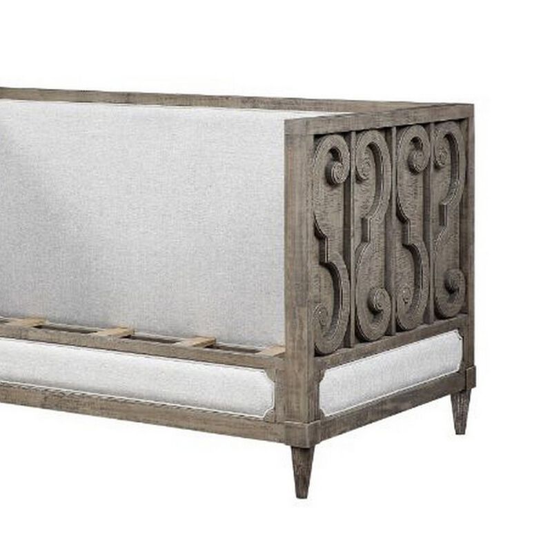 Daybed with Fabric Upholstery and Carvings, Weathered Brown image number 4