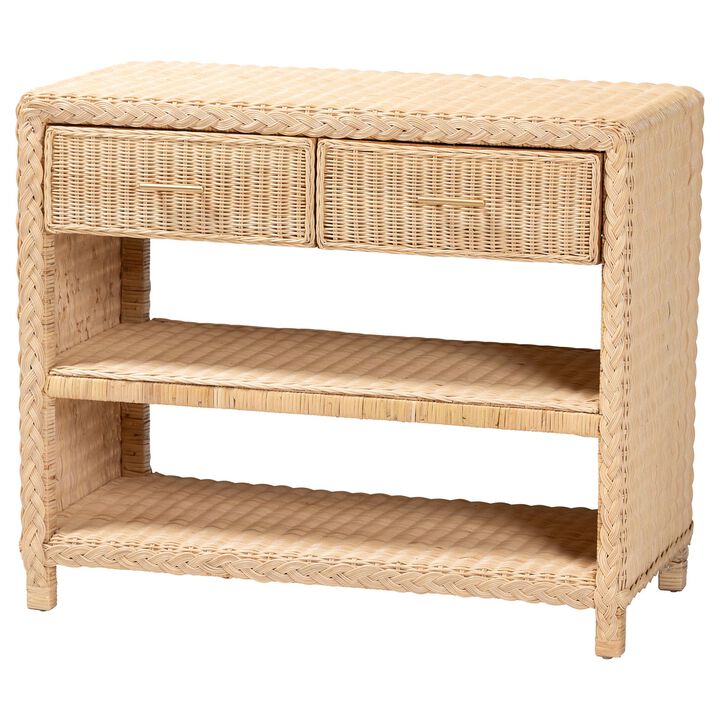bali & pari Lanica Braided Natural Rattan Console Table with Drawers and Shelves – Coastal Style Storage Cabinet for Entryway, Living Room, or Bedroom, 35"