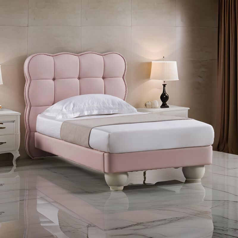 Jeny Queen Size Bed, Pink Leather Upholstered Tufted Headboard, Wood - Benzara