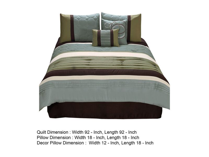 6 Piece Queen Comforter Set with Pleats and Embroidery, Green and Blue - Benzara