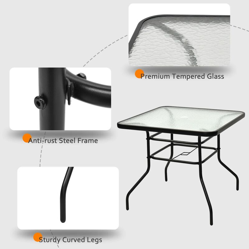 32 Inch Patio Tempered Glass Steel Frame Square Table image number 6