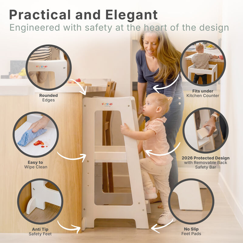 Stepup Baby&reg; Adjustable Toddler Tower - White Wooden Step Stool for Kids | Toddler Standing Tower with Child-safe Chopper & Chopping Board for 18M-4Y image number 4