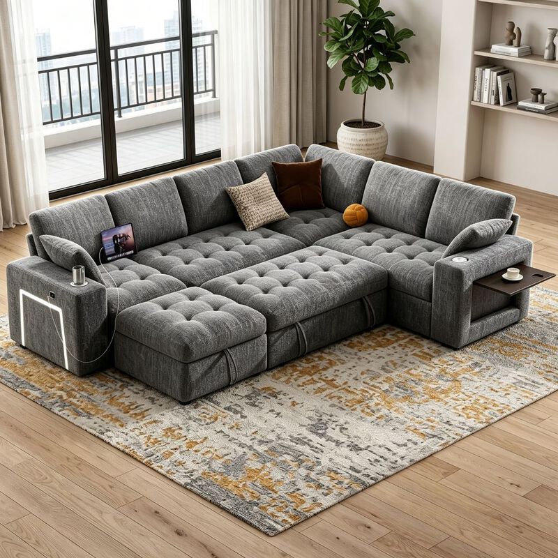 Vipbear 110" Modular Sectional Sleeper Sofa, Pull Out Bed, 7-Seat Chenille L-Shaped Couch, Storage image number 4