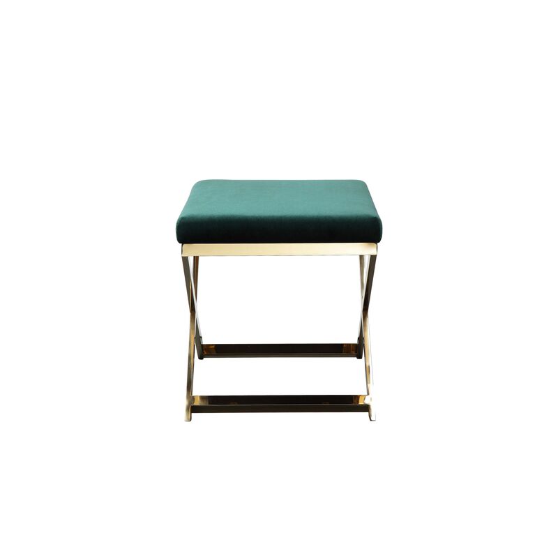 Sovi 24 Inch Accent Stool Ottoman Bench, Plush Green Velvet, Gold X Base - Benzara