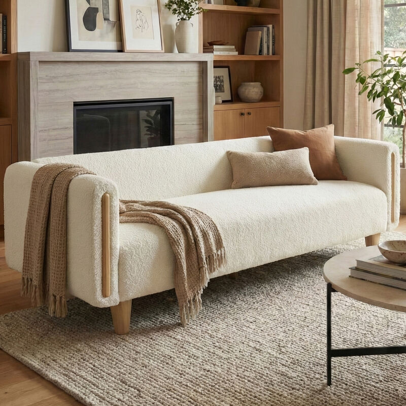 Merax Modern 3-Seater Boucle Sofa with Wood Accent Armrests & Solid Rubberwood Legs image number 2