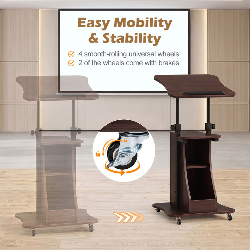 Mobile Podium Stand with Adjustable Height, Tilting Tabletop and Storage image number 3