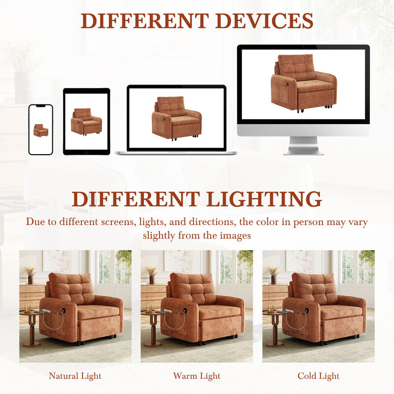 3-in-1 Sleeper Chair Chenille Sofa Bed, 80" Extra Long Pull Out Sleeping Lounge with USB Charging, Storage Pockets and Box image number 9