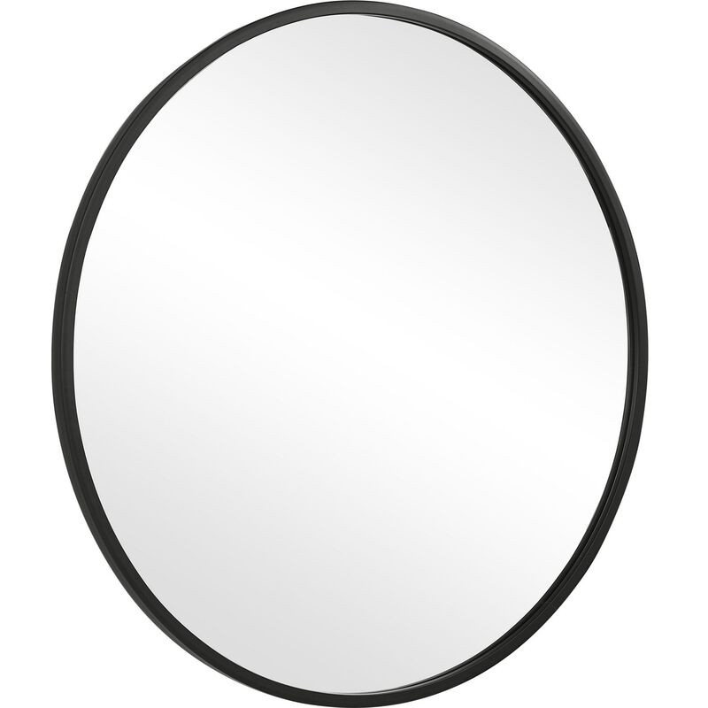 43 Inches Round Shape Sleek Frame Mirror, Black - Benzara