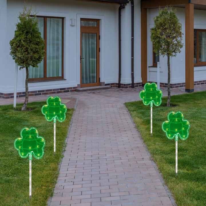 4ct Green St Patrick's Day Shamrock Pathway Marker Lawn Stakes  Clear Lights