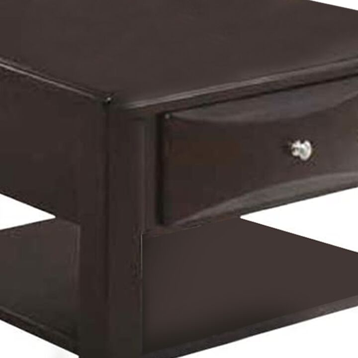 24 Inch Classic Square End Table, Single Drawer, Bottom Shelf, Brown Wood-Benzara