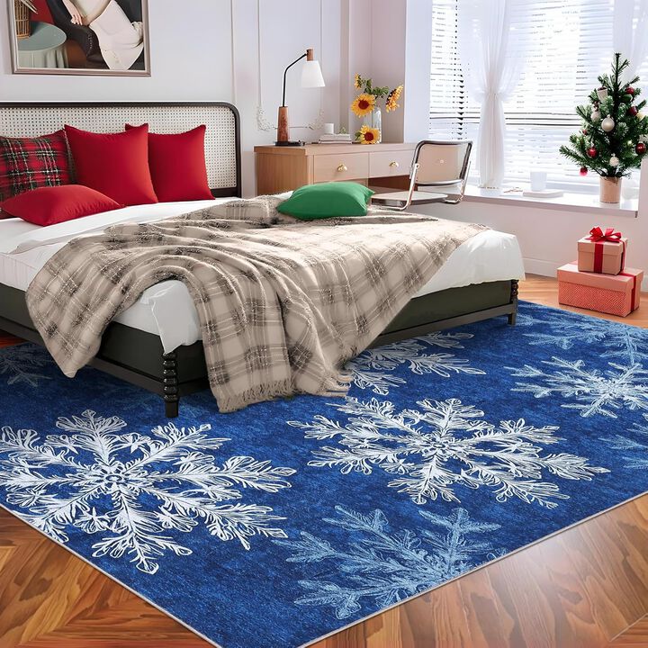 Christmas Washable, Area Rugs Non Slip Living Room Rug, Snowflake Soft Xmas Decor for Nursery Office