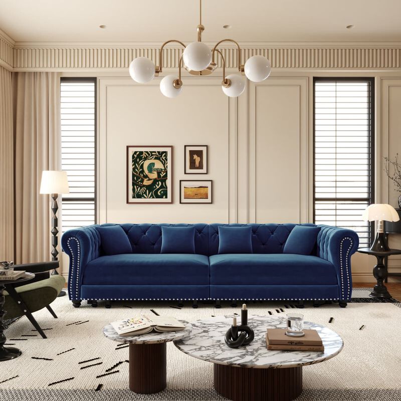 3-in-1 Pull-Out Sleeper Sofa, Velvet Chesterfield Sofa with Rolled Arms and Tufting, 89 Inch Convertible Sofa Bed with Ottoman image number 3