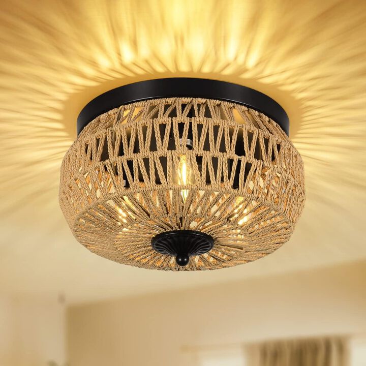 ELEMENT ACE 3-Light Hand-Woven Rattan Flush Mount Ceiling Light Fixture with Hollow Cage Shade Perfect for Bedroom, Kitchen, Foyer, Porch, Living Room and Entry Hall