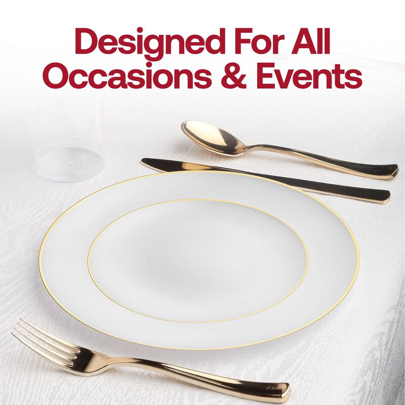 7.5" White with Gold Rim Organic Round Plastic Salad Plates (120 Plates) image number 6