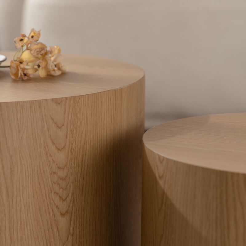 Modern Round Drum Nesting Coffee Table Set of 2, Wooden Cylinder Coffee Tables for Living Room, Space-Saving Design image number 5