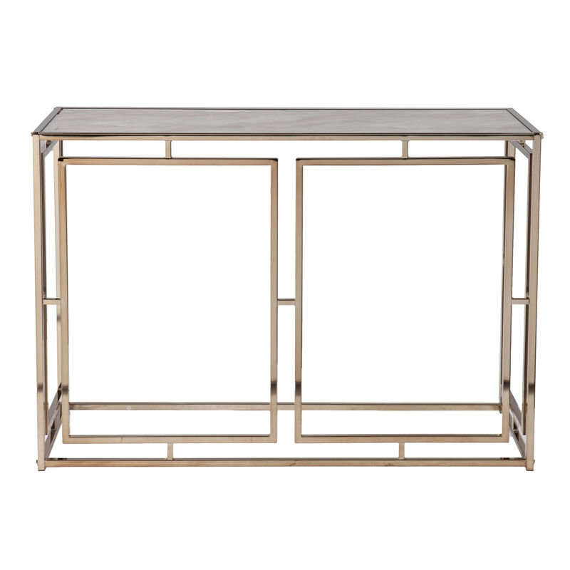 HomeRoots 44" Champagne and Gold Faux Marble and Metal Frame Console Table image number 2